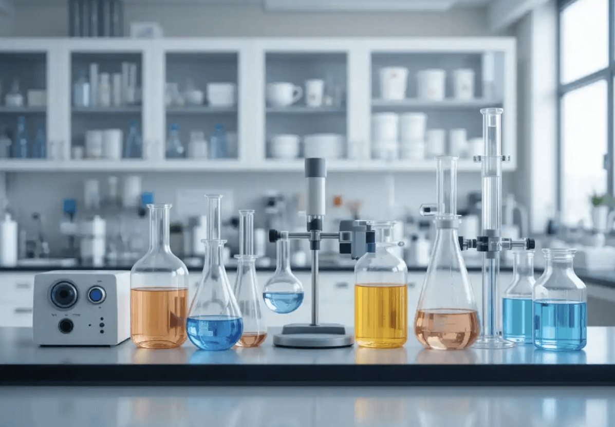 Laboratorio con matraces y soluciones de colores